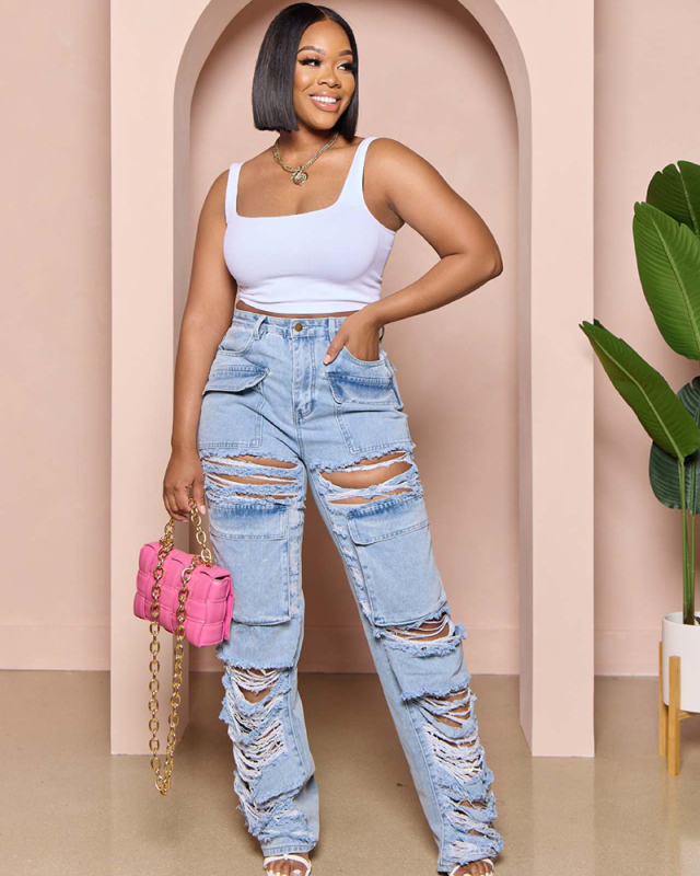 Women New Loose Hollow Out Wide Leg High Waist Blue Jeans S-3XL