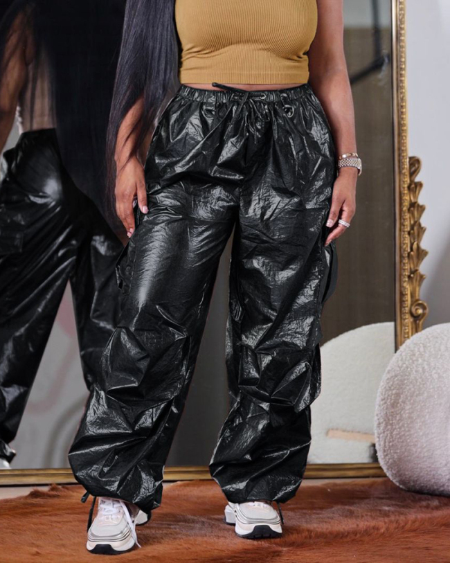 Women Hot Sale Solid Color Pocket Ruched Pants Silver Black S-2XL