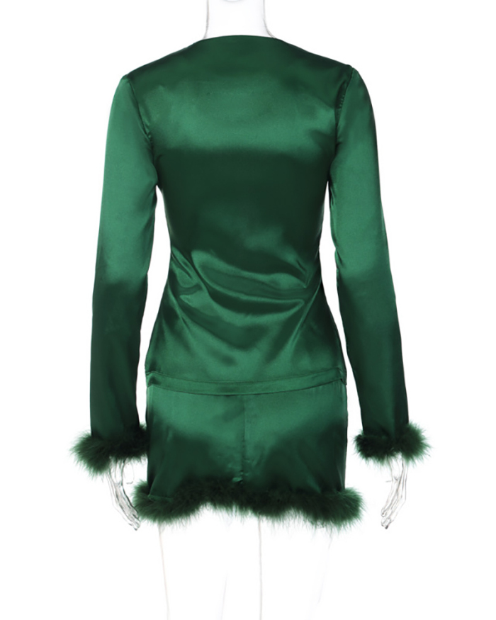 Christmas Long Feather Sleeve U Neck Strappy Satin Sexy Women  Two-piece Skirts Sets Green S-L