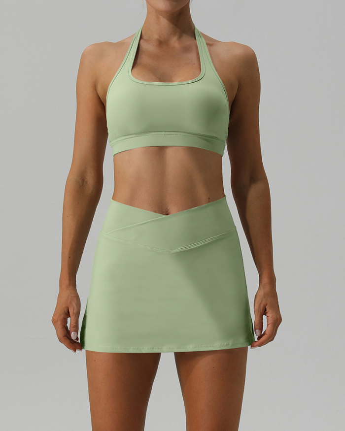 Women Outdoor Halter Neck Backless Bra Tennis Sports Skirt Yoga Two-piece Sets S-XL