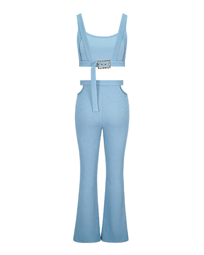 Women Summer Sleeveless Solid Color Knit Fashion Pants Sets Two Pieces Outfit Blue S-XL