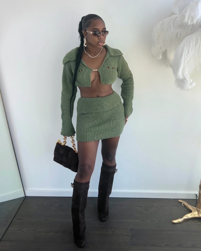 Women Hot Long Sleeve Lapel Crop Top Fold Waist Mini Skirt Two Pieces Sets Green S-L