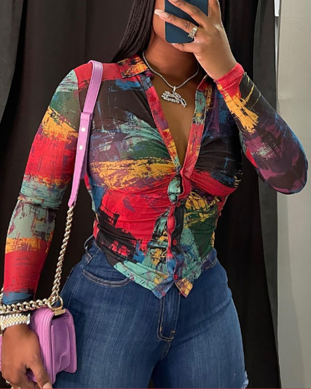 Women Autumn Long Sleeve Printed Deep V Neck Lapel Blouses T-shirt Red S-XL