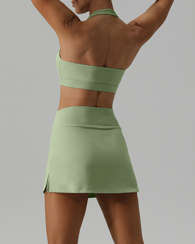 Women Outdoor Halter Neck Backless Bra Tennis Sports Skirt Yoga Two-piece Sets S-XL