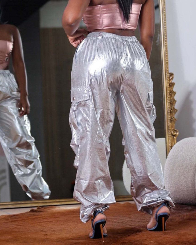 Women Hot Sale Solid Color Pocket Ruched Pants Silver Black S-2XL