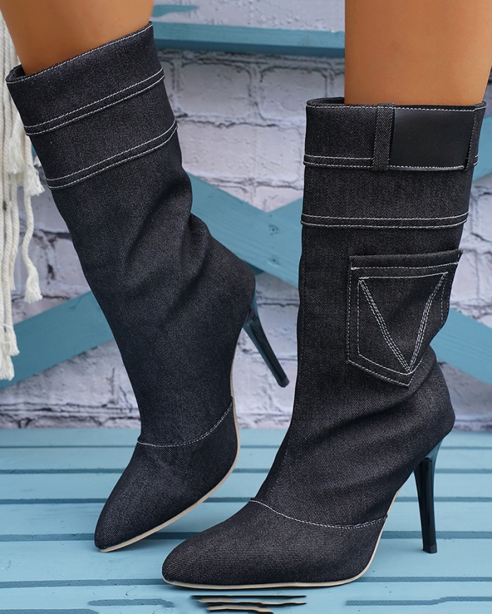 Women's Fashion Western Denim Thigh-High Boots Over Knee Skinny Heel Knight Boots Black Blue 35-43