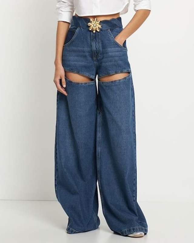 Hot Sale Wide Leg Hollow Out Autumn New Twist Knot Jean Pants Blue S-XL