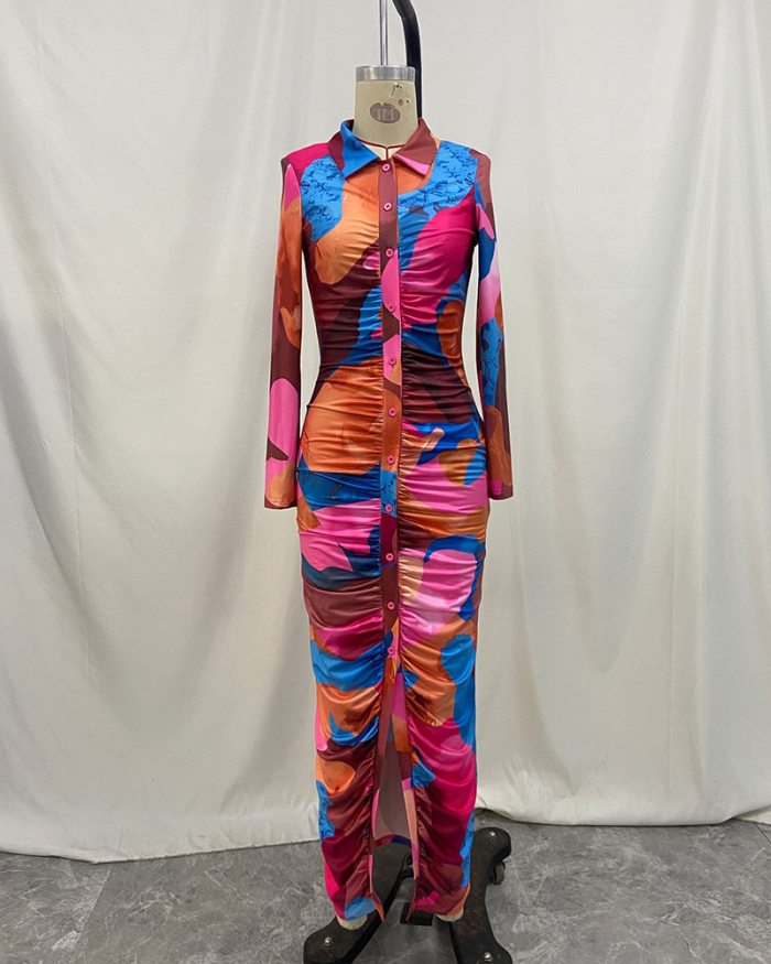 Autumn Women Long Sleeve Printed Colorblock Button Lapel Maxi Dresses S-XL