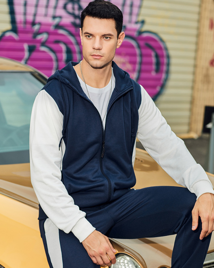 Hot Sale Colorblock Men's Long Sleeve Pants Running GYM Two-piece Sets Navy Blue Red Black S-2XL