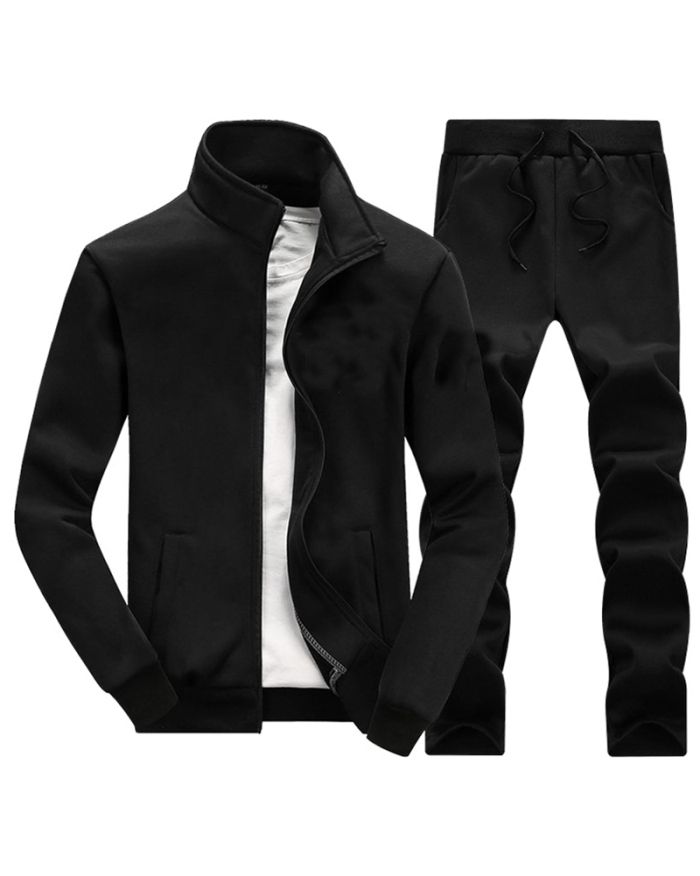 Autumn Winter New Men's Long Sleeve Retro Out Door Active Wear Two-piece Sets Black Gray Blue S-2XL