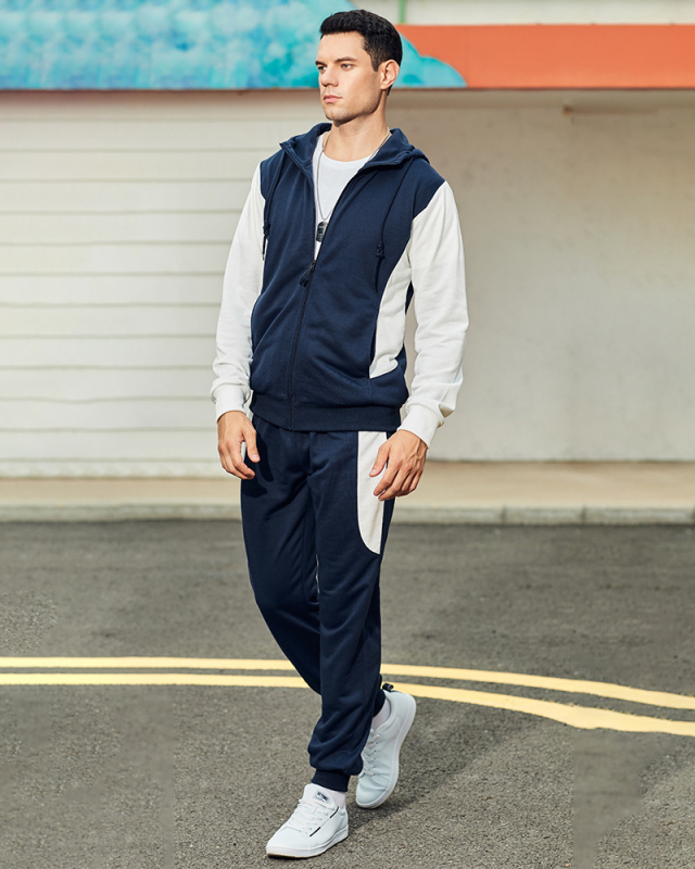 Hot Sale Colorblock Men's Long Sleeve Pants Running GYM Two-piece Sets Navy Blue Red Black S-2XL