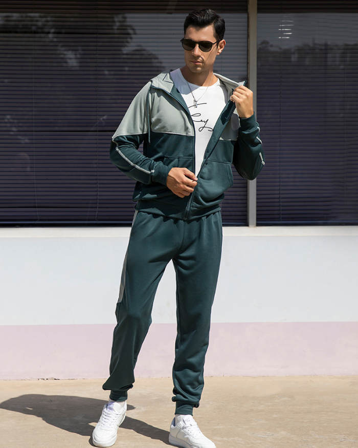 Men's Long Sleeve Colorblock Hot Sale Retro Sports GYM Sports Two Pieces Outfits Pants Sets S-2XL