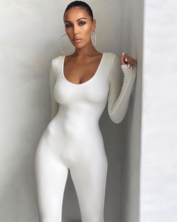 Long Sleeve Women Solid Color U Neck Casual Slim Sexy Jumpsuits White Black Coffee S-XL