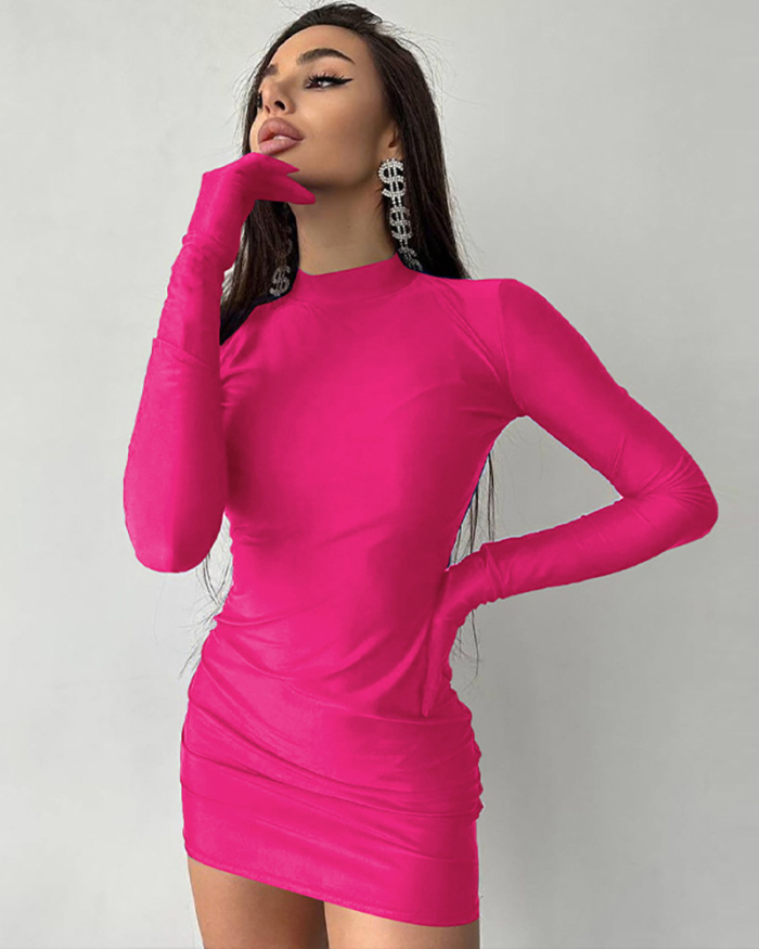 Autumn New Long Sleeve With Gloves Sexy Slim Tight Club Mini Dress Purple Rosy Black S-L