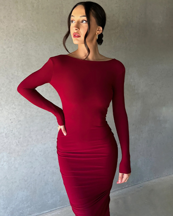 Solid Color Women V Neck Ruched High Waist Long Sleeve Double Side Wear Evening Dress Rosy Black WIne Red S-L