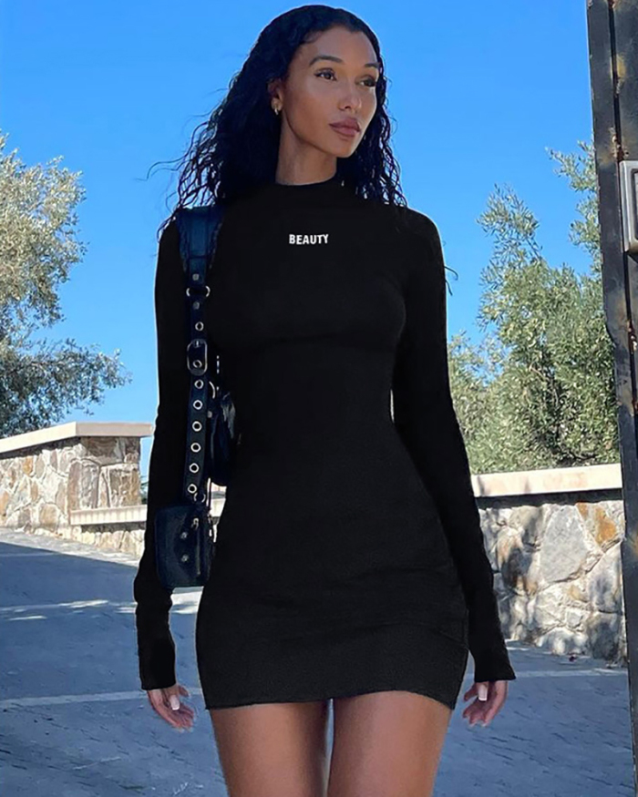 Fashion Women Long Sleeve Letter Printed Slim Sexy Bodycon Dresses Black Khaki S-L