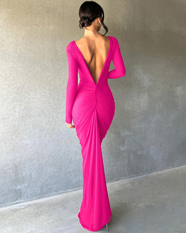 Solid Color Women V Neck Ruched High Waist Long Sleeve Double Side Wear Evening Dress Rosy Black WIne Red S-L