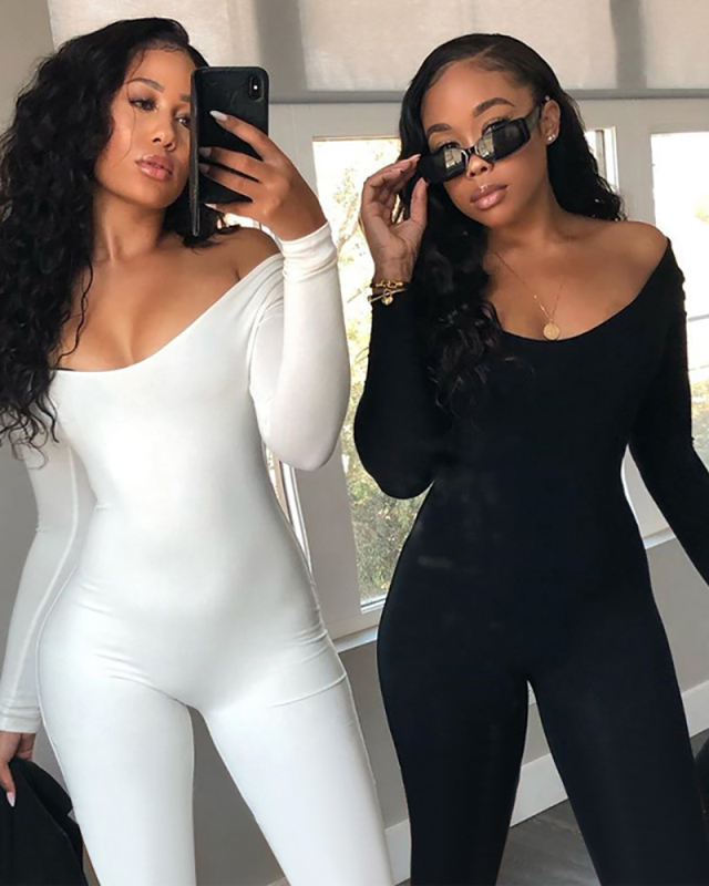 Long Sleeve Women Solid Color U Neck Casual Slim Sexy Jumpsuits White Black Coffee S-XL