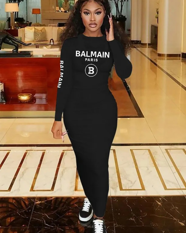 Letter Printed Long Sleeve Black Long Dress XS-XXL