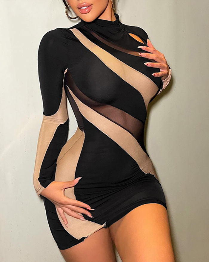 Women Patchwork Black Mesh Long SLeeve Slim Sexy Bodycon Dresses Black S-L