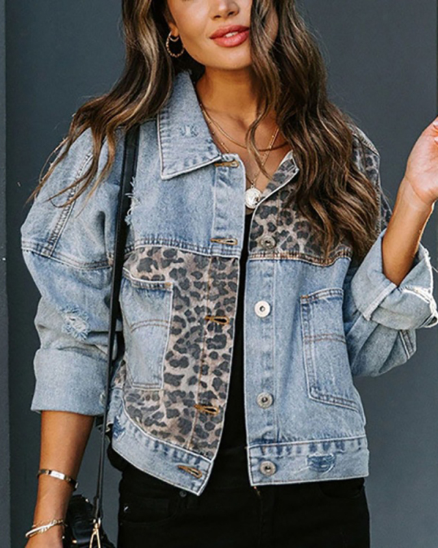 Leopard Printed Jean Jacket Coats M-3XL