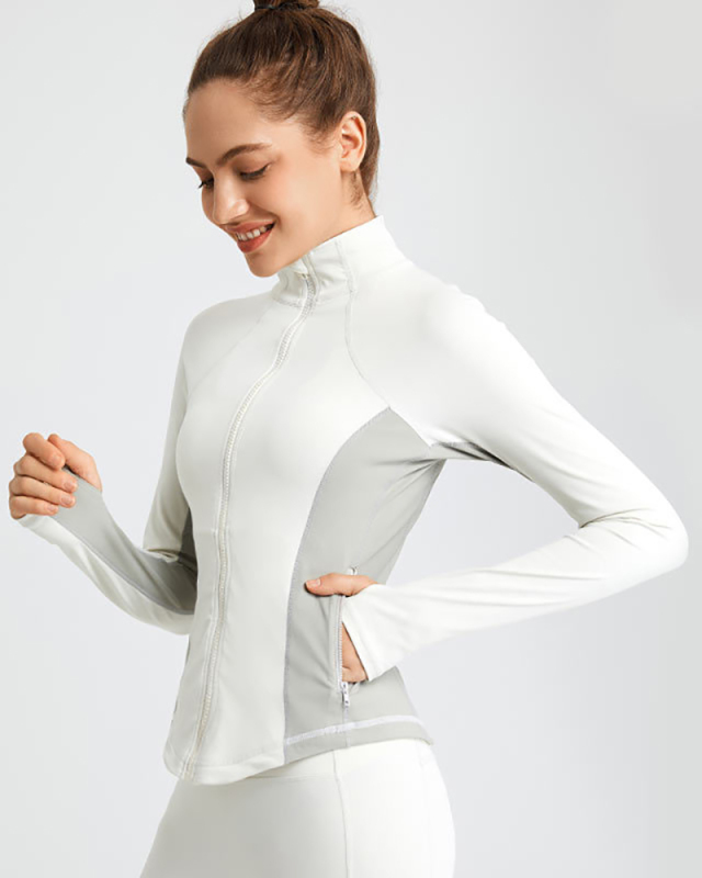 Stand Neck Sports Women Fitness Zipper Long Sleeve Colorblock Running Coat S-XL