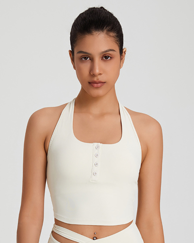 Women Sexy Halter Neck Button Yoga Quick Dry Sports Vest S-XL