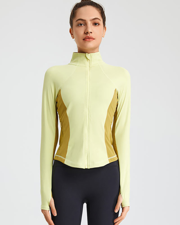 Stand Neck Sports Women Fitness Zipper Long Sleeve Colorblock Running Coat S-XL
