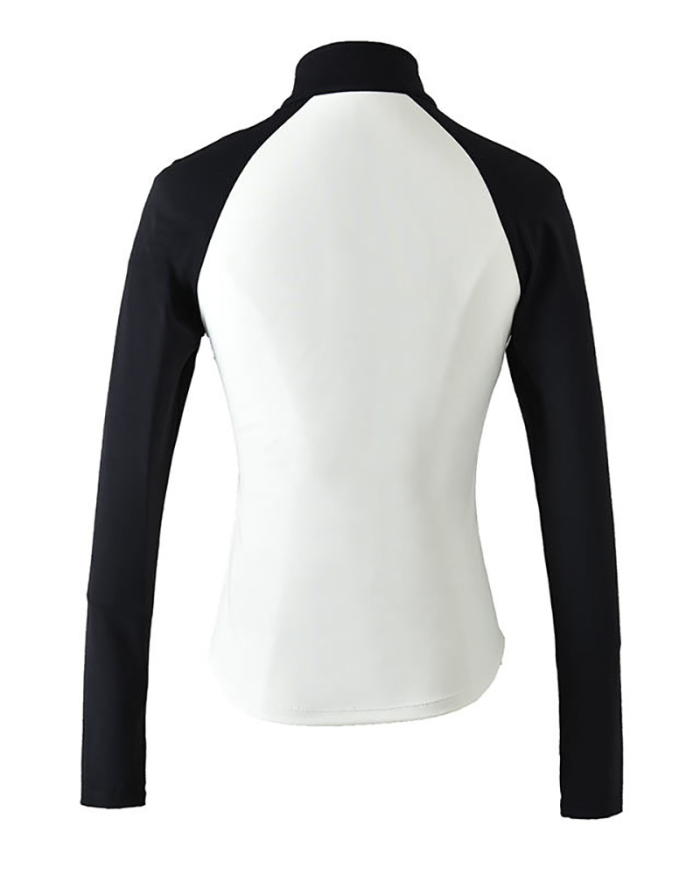 Stand Collar Colorblock Long Sleeve Zipper Running Yoga Coat S-XL