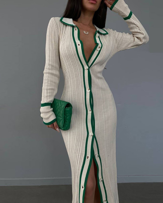 Polo Neck Wholesale Long Knitted Button Long Dress S-L