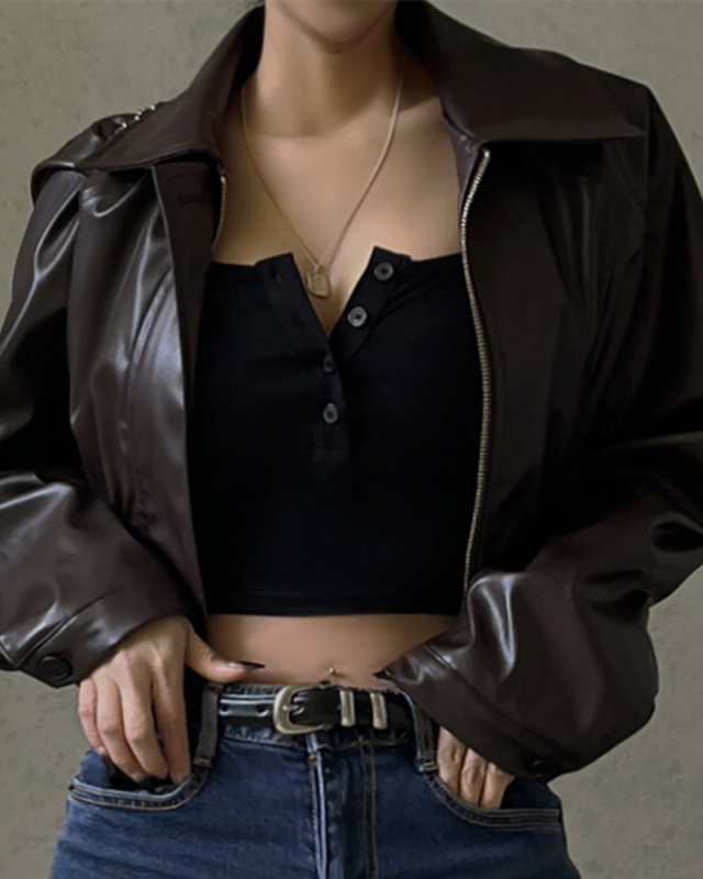 Long Sleeve PU Fashion Jacket S-L