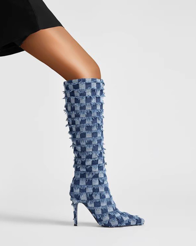High Heel Women Checkerboard Denim Tassel Boots