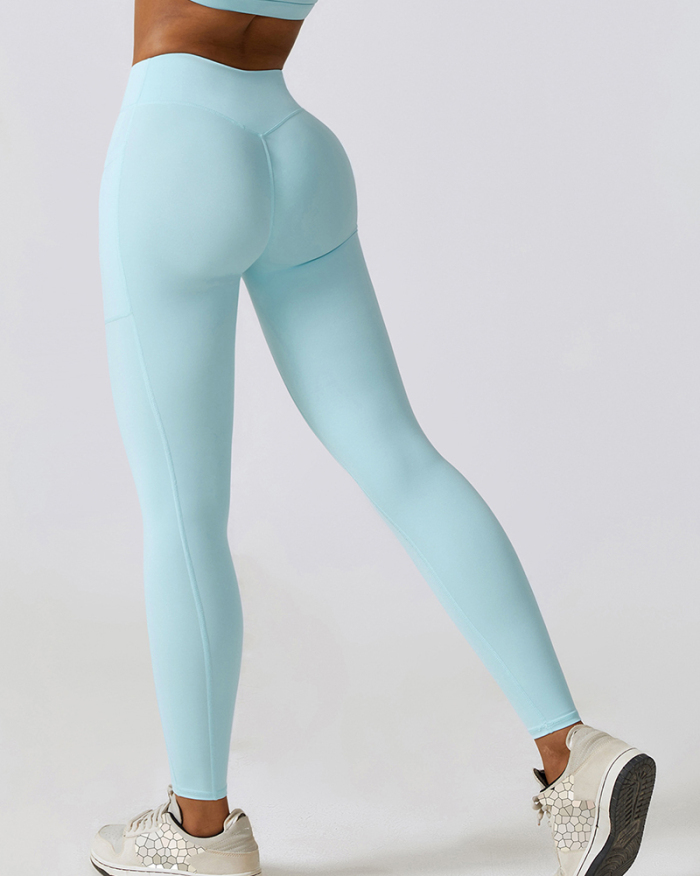 Women Criss Fold Waist Side Pocket Running Tight Leggings Yoga Pants S-XL