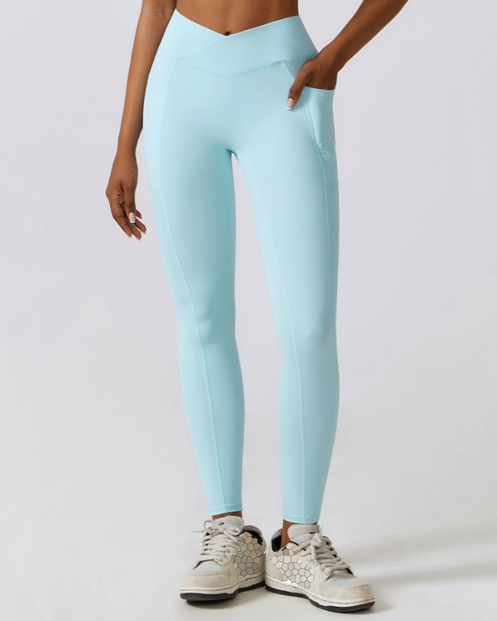 Women Criss Fold Waist Side Pocket Running Tight Leggings Yoga Pants S-XL