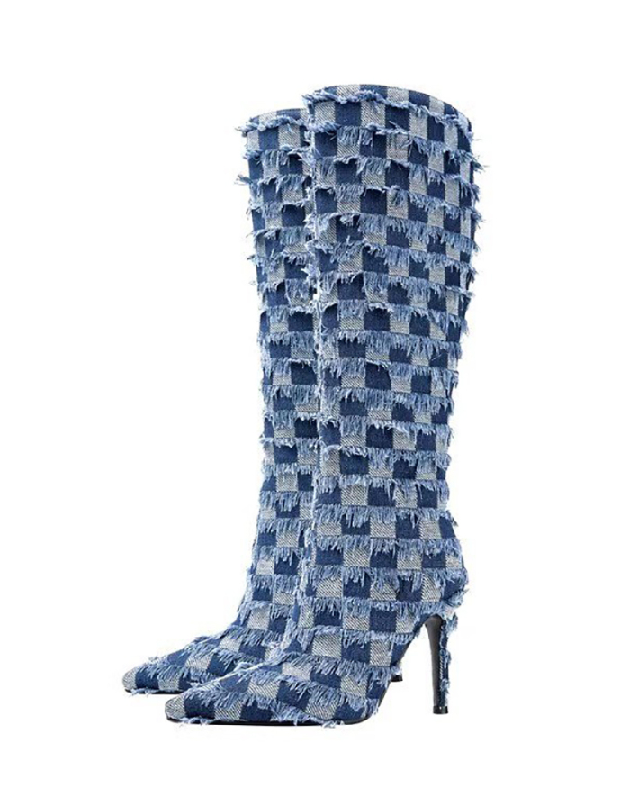 High Heel Women Checkerboard Denim Tassel Boots