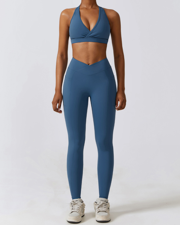 Women Quick Dry Halter Neck Bra High Waist Tight Slim Pants Yoga Two-piece Sets S-XL