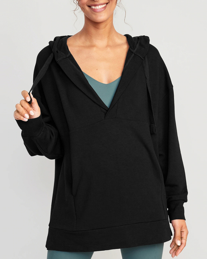 Hoodies Deep V Neck Pocket Loose Casual Yoga Cover Pullover Long Sleeve Top S-XL