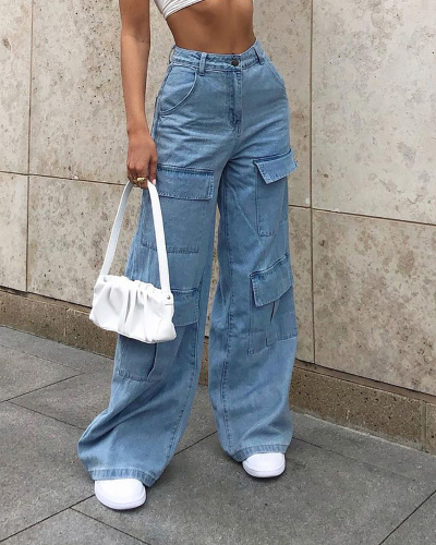 Hot Fashion Ladies Pockets Jean Pants S-3XL