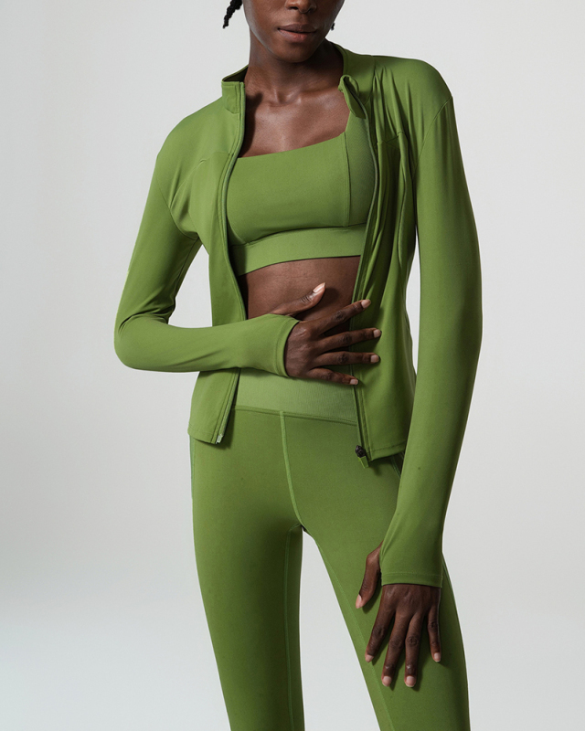Women Long Sleeve Slim Coat Fashion Bra High Waist Pants Yoga Three Piece Sets S-XL