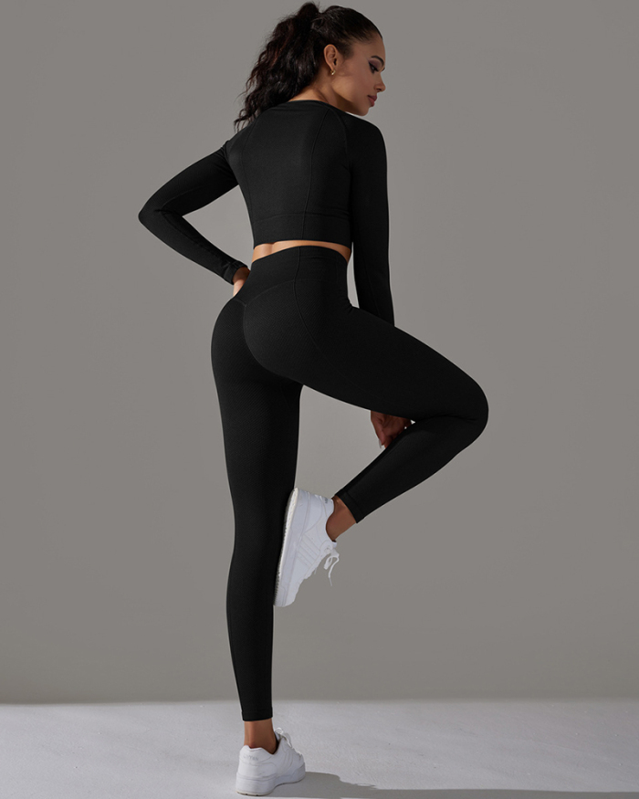 Women Seamless Knit Long Sleeve Fitness Breathable Running Yoga Pants Sets Yoga Two-piece Sets S-L