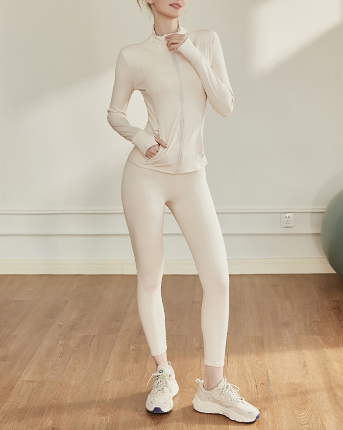 Woman Solid Color Long Sleeve Coat Slim Pants Autumn Winter Yoga Fitness Three Piece Set S-2XL