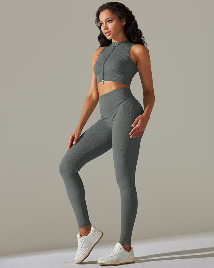 Sleeveless Zipper Vest Sports Running Yoga Two-piece Pants Set S-L