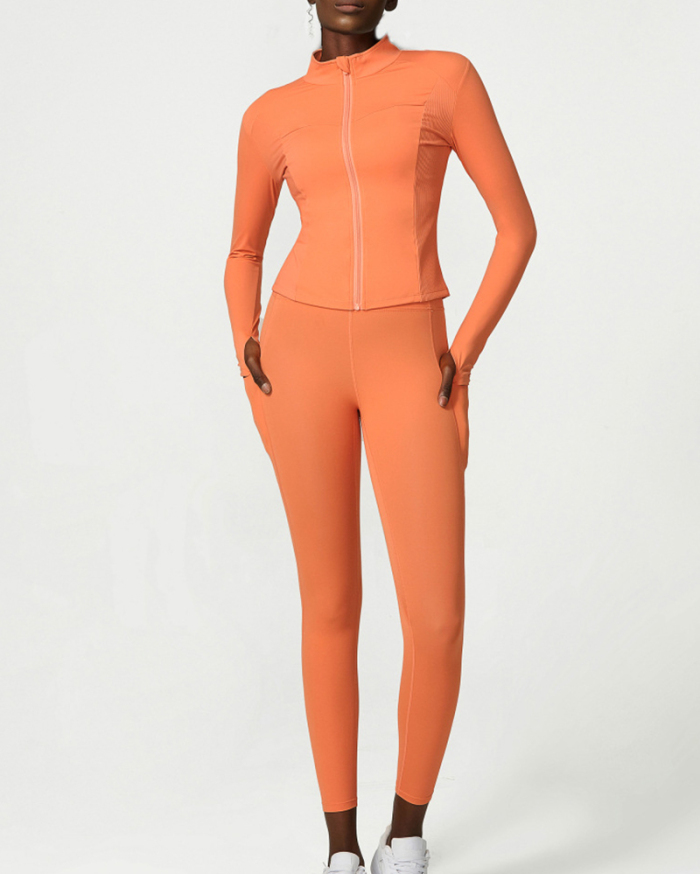 Women Long Sleeve Solid Color Coat Bra Pants Hot Sale Three Piece Sport Suit S-XL