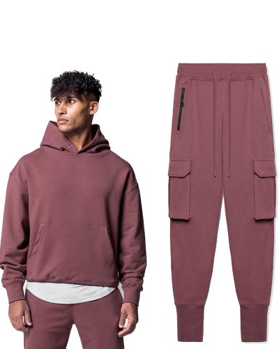 Hot Sale Fashion Men's Running Fitness Long Sleeve Pullover Hoodies Side Pocket Pants Two Pieces Set S-2XL