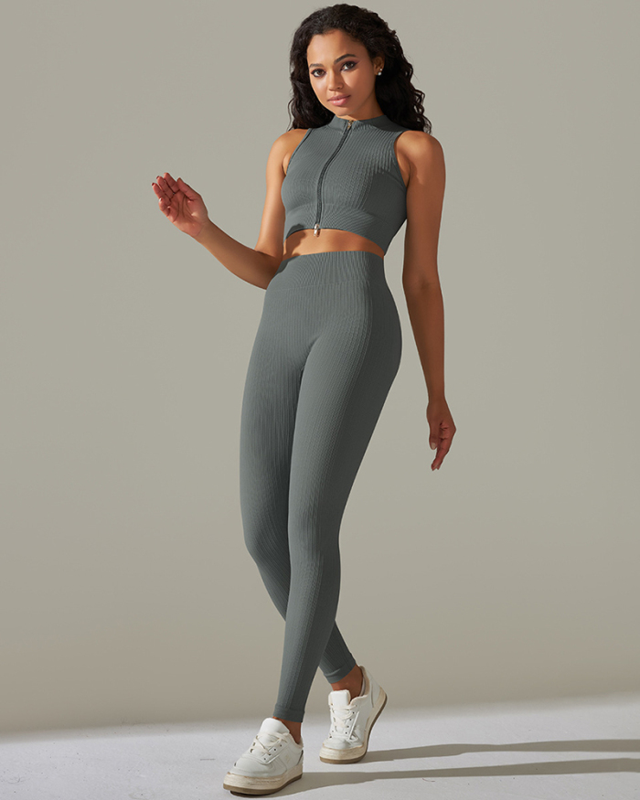 Sleeveless Zipper Vest Sports Running Yoga Two-piece Pants Set S-L