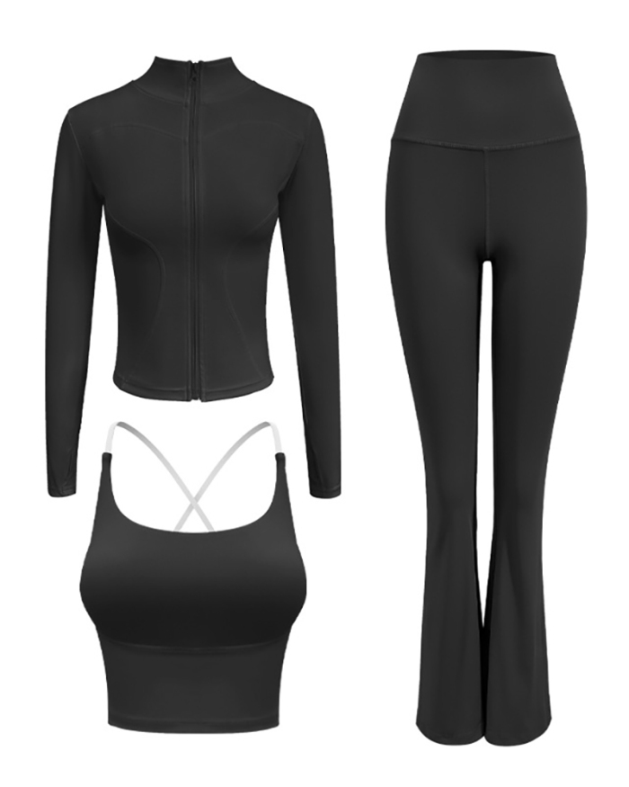 Fall Winter New Elegant Running Yoga Zipper Coat Wide Leg Pant Criss Back Vest Three Piece Active Wear S-2XL