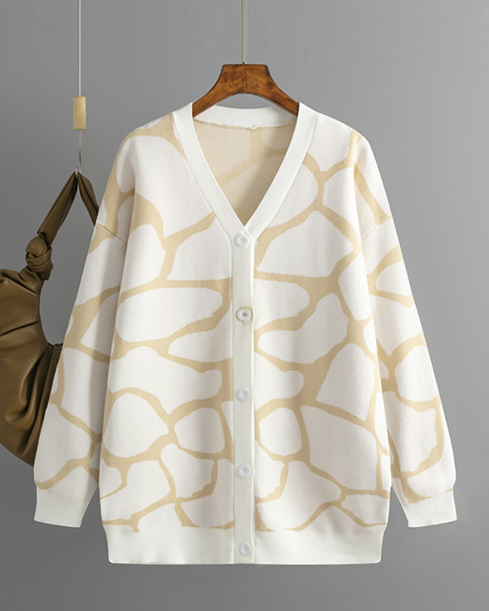 Jacquard Sweater V-neck Long Pattern Loose Jacket Cardigans