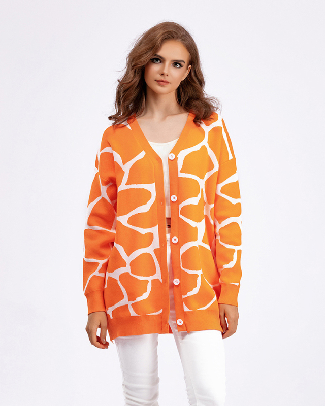 Jacquard Sweater V-neck Long Pattern Loose Jacket Cardigans