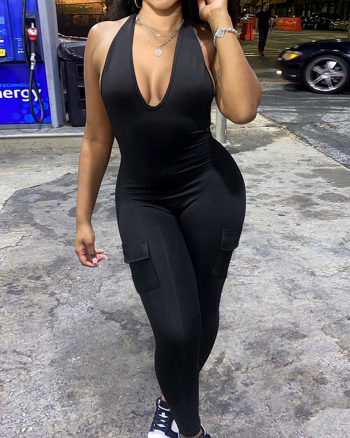 Black Women Sleeveless Sexy Pockets Jumpsuit XS-XL