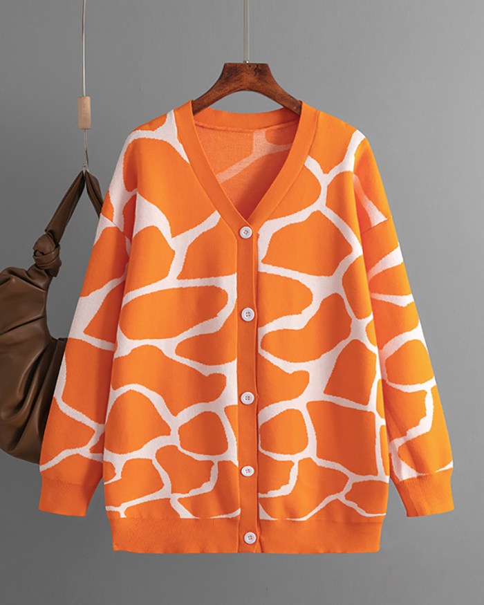 Jacquard Sweater V-neck Long Pattern Loose Jacket Cardigans